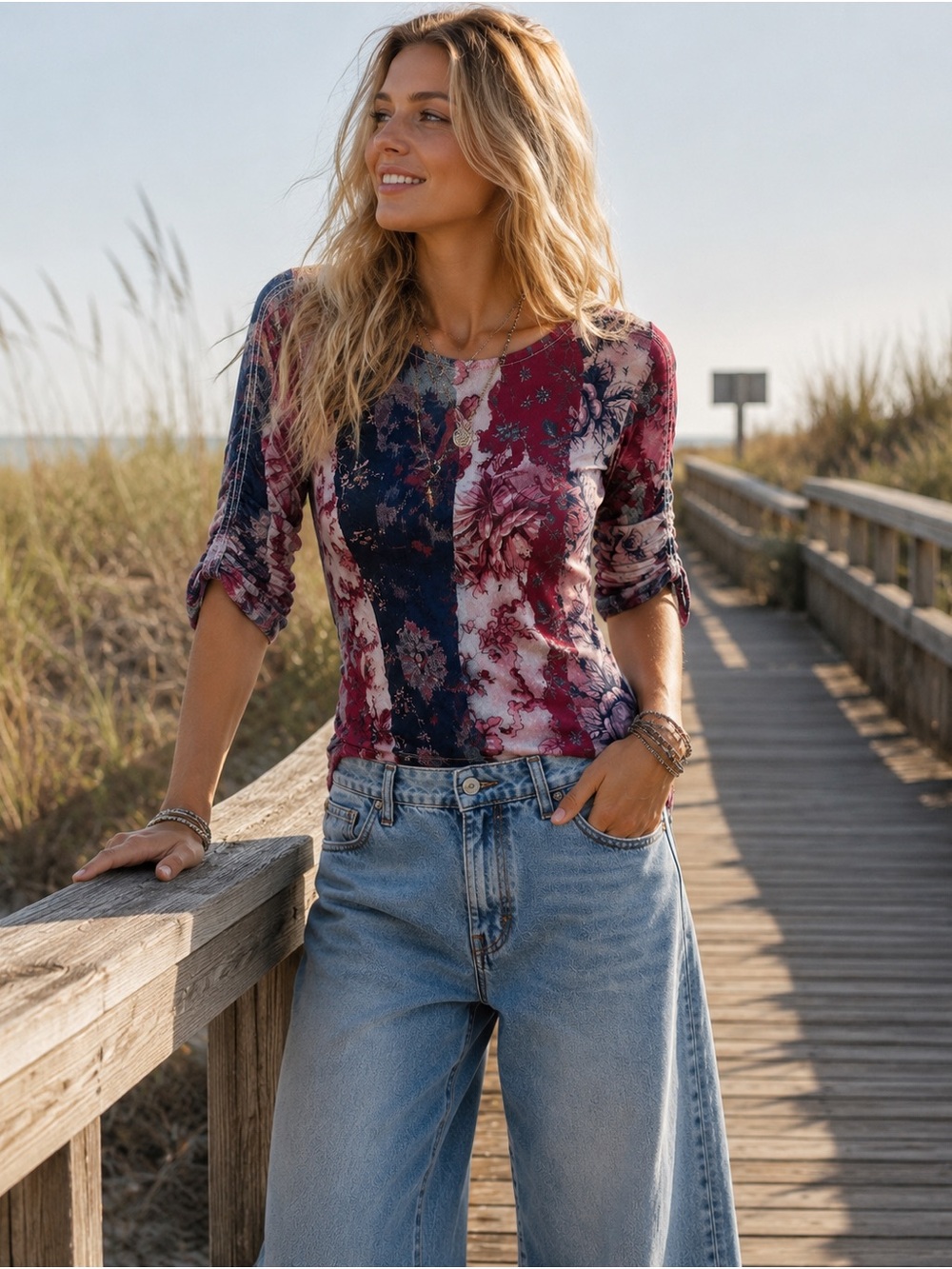 Johnny Was Floral Mesh Ruched Sleeve Top | Sheer Stretch | Size S